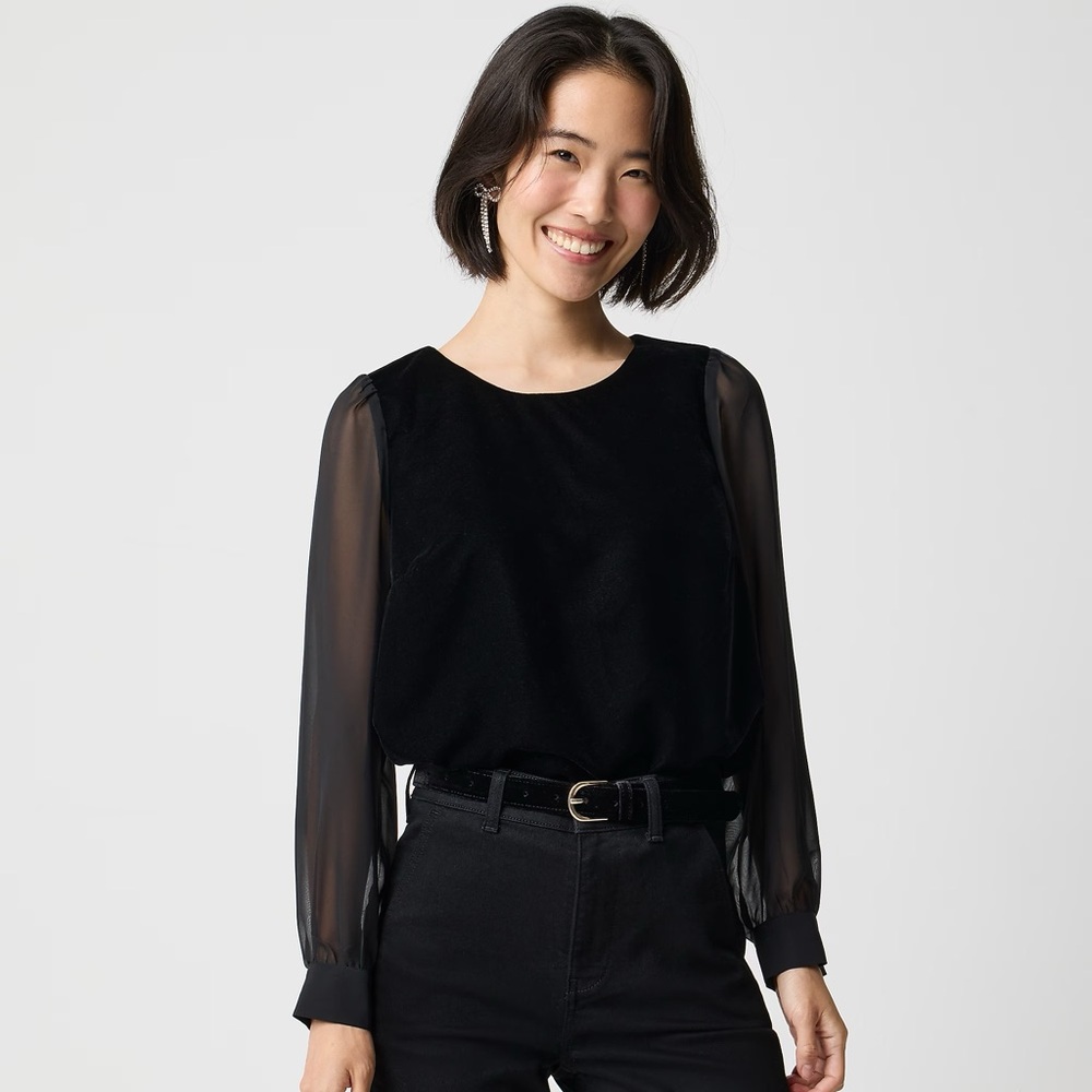 NWT J. Crew Jcrew Black Velvet Top with Sheer Sleeves